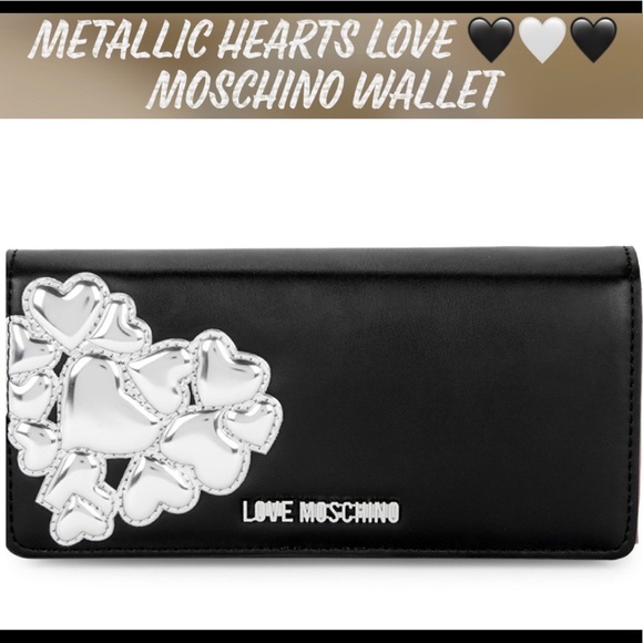 NWT Love Moschino Authentic Metallic Hearts Wallet Black And Silver - Picture 5 of 15